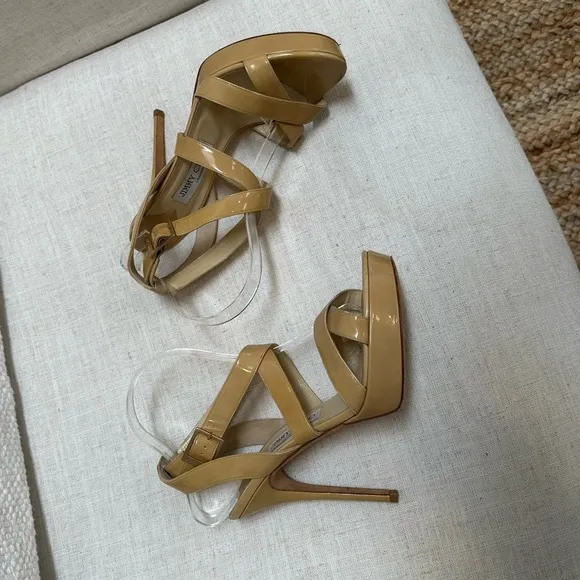 JIMMY CHOO sandal heel pumps neutral‎ beige strappy patent leather 39.5