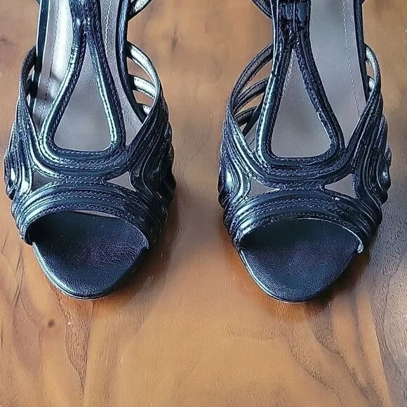 Joan David Patent Leather Strappy Peep Toe T Srap Stiletto Heel Sandal Retro 6.5