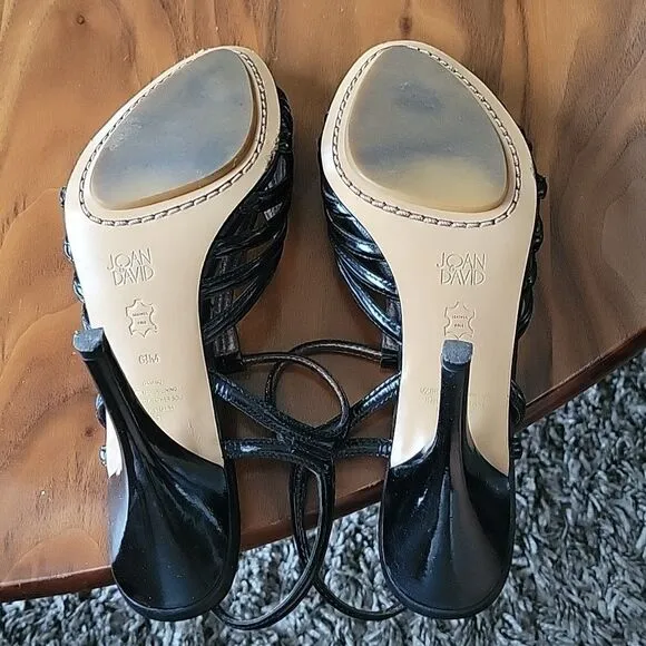 Joan David Patent Leather Strappy Peep Toe T Srap Stiletto Heel Sandal Retro 6.5