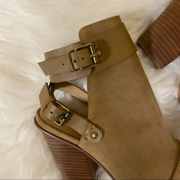 Joe's Jeans Petra Suede Peep Toe Tobacco Tan Block Heel Sandals Size 5.5
