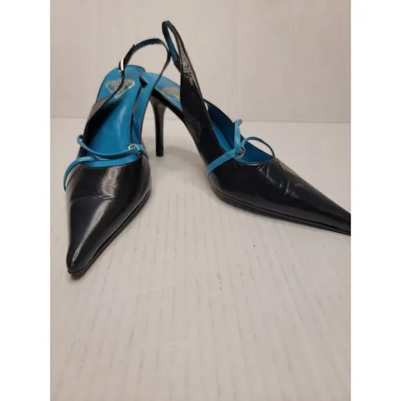 John Fluevog Cougar Tibby Pointed Toe Stilleto Heels Sz 10 Black Turquoise