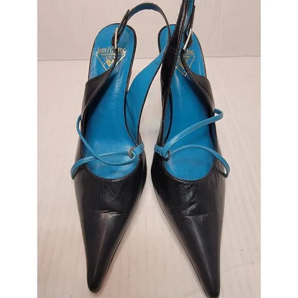 John Fluevog Cougar Tibby Pointed Toe Stilleto Heels Sz 10 Black Turquoise