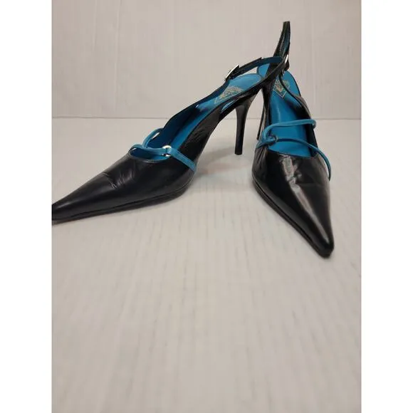 John Fluevog Cougar Tibby Pointed Toe Stilleto Heels Sz 10 Black Turquoise