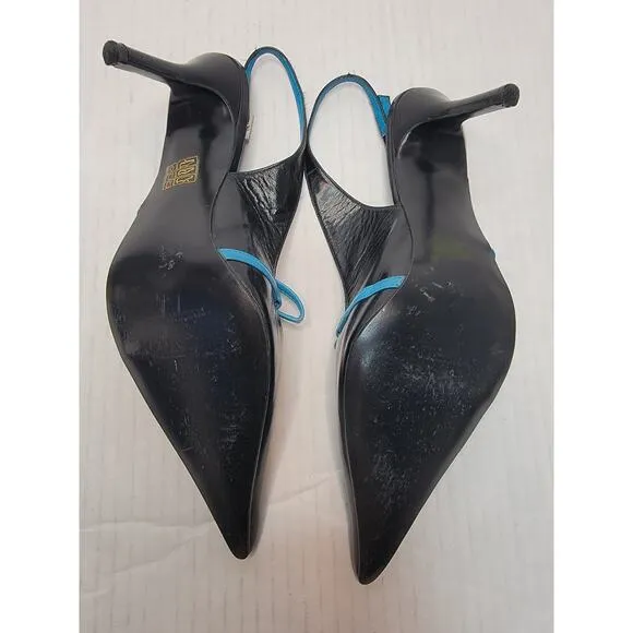 John Fluevog Cougar Tibby Pointed Toe Stilleto Heels Sz 10 Black Turquoise