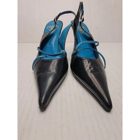 John Fluevog Cougar Tibby Pointed Toe Stilleto Heels Sz 10 Black Turquoise