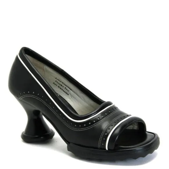 John Fluevog Shoes Mini PIPSQUEAK Brogue Peep Toe Heels in Black Women's Size 9