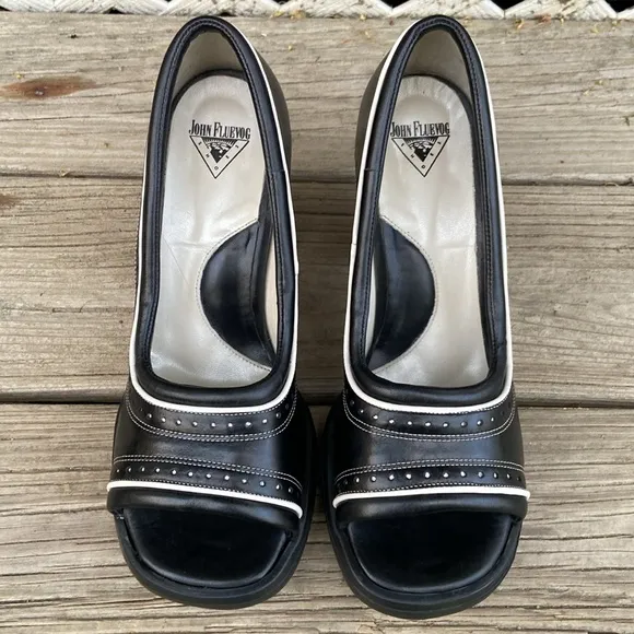 John Fluevog Shoes Mini PIPSQUEAK Brogue Peep Toe Heels in Black Women's Size 9