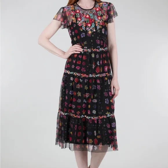 Johnny Was Black A-line Midi Dress with Flutter Sleeves