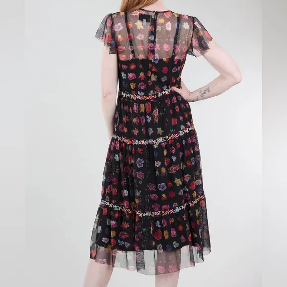 Johnny Was Black A-line Midi Dress with Flutter Sleeves