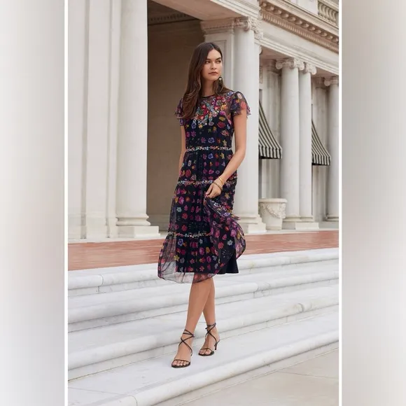 Johnny Was Black A-line Midi Dress with Flutter Sleeves