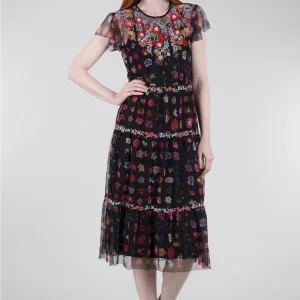 Johnny Was Black A-line Midi Dress with Flutter Sleeves