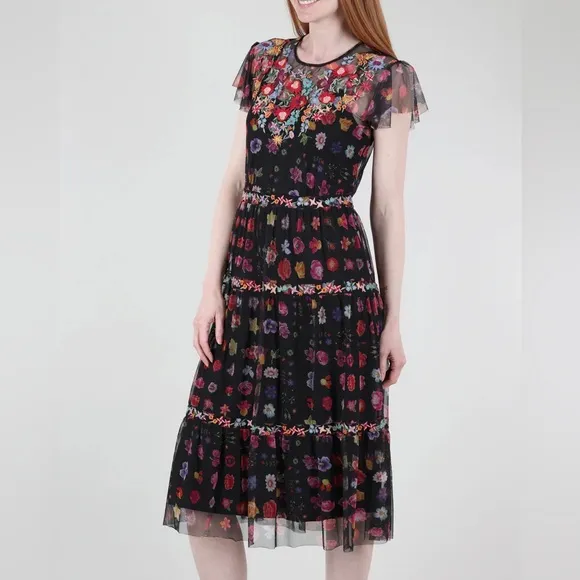 Johnny Was Black A-line Midi Dress with Flutter Sleeves