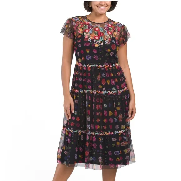 Johnny Was Black A-line Midi Dress with Flutter Sleeves
