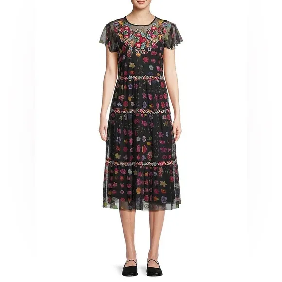Johnny Was Black A-line Midi Dress with Flutter Sleeves