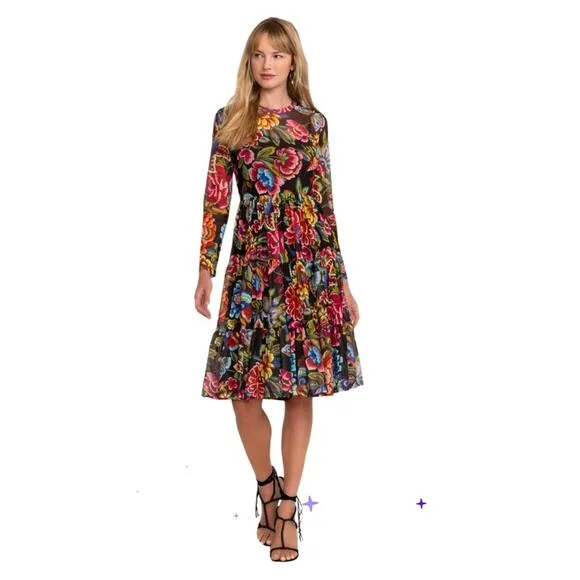 JOHNNY WAS LONG SLEEVE MESH TIERED DRESS SIZE LARGE NWT