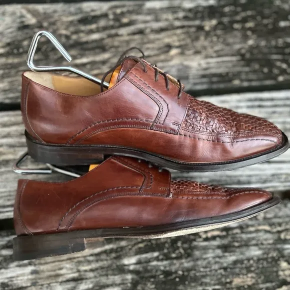 Johnston &amp; Murphy 15-0673 Woven Leather Brown Oxford Dress Shoes Men's Size 8 C7