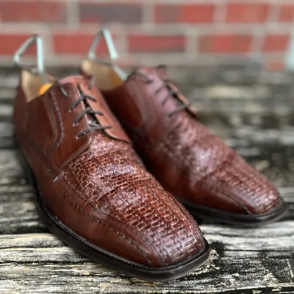 Johnston &amp; Murphy 15-0673 Woven Leather Brown Oxford Dress Shoes Men's Size 8 C7
