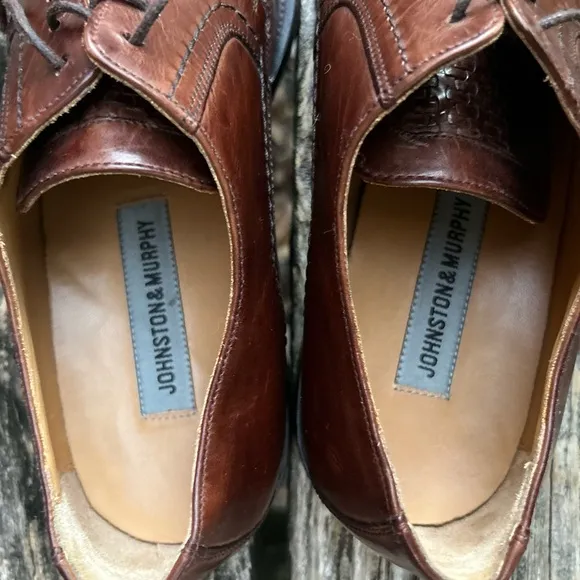 Johnston &amp; Murphy 15-0673 Woven Leather Brown Oxford Dress Shoes Men's Size 8 C7