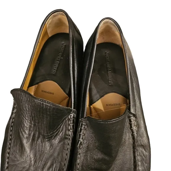 Johnston &amp; Murphy Hawkins Venetian Shoes sheepskin loafers black leather 12 wide