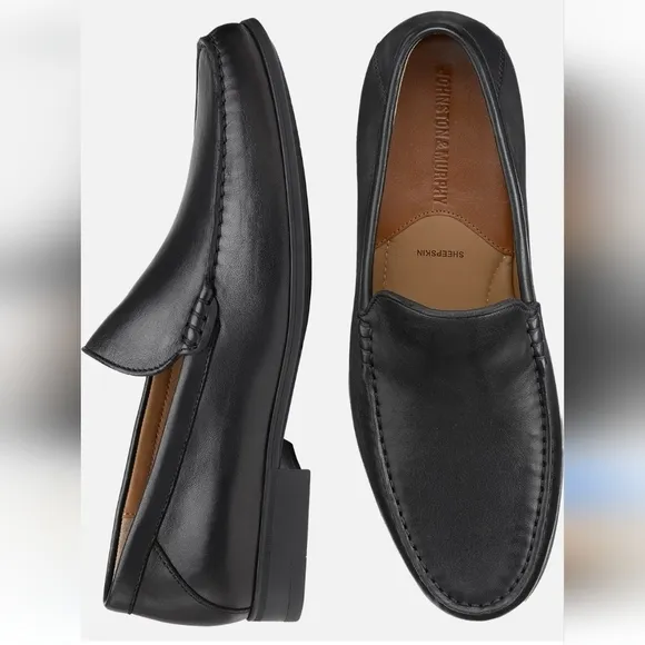 Johnston &amp; Murphy Hawkins Venetian Shoes sheepskin loafers black leather 12 wide