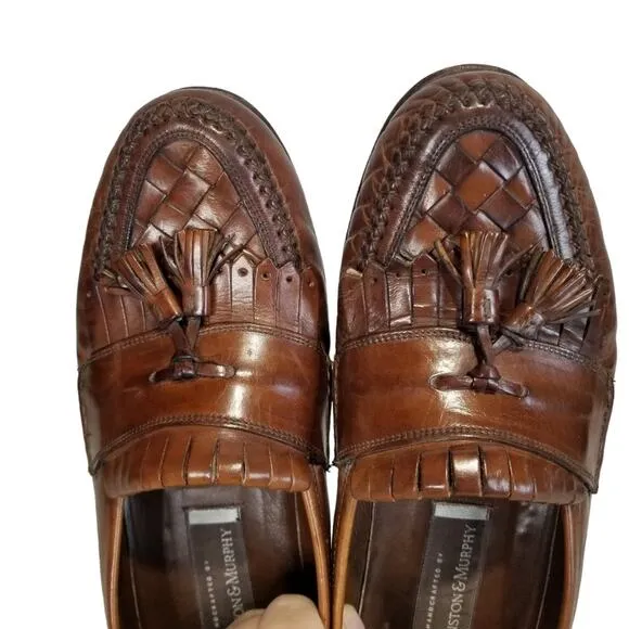 Johnston &amp; Murphy Shoes 9.5 Loafer Double Woven Tassel Dress Mahogany Fringe
