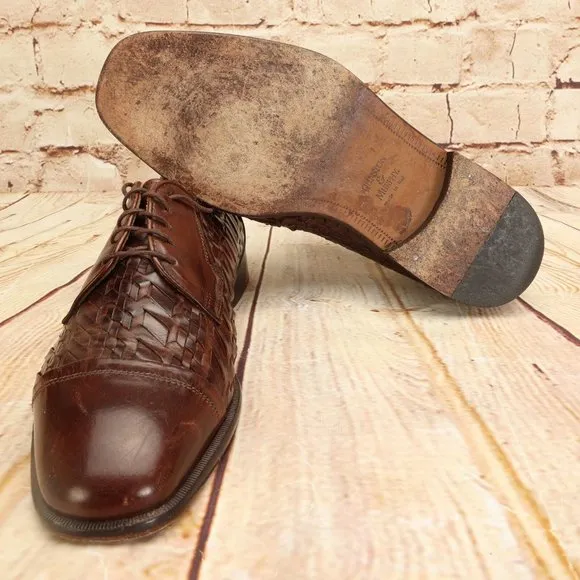 Johnston &amp; Murphy Woven Leather Brown Cap Toe Oxford Dress Shoes