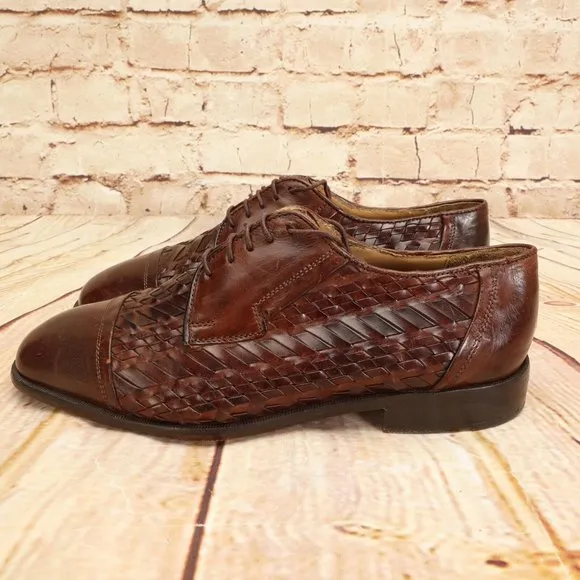 Johnston &amp; Murphy Woven Leather Brown Cap Toe Oxford Dress Shoes
