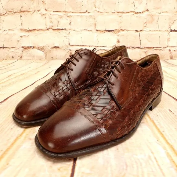 Johnston &amp; Murphy Woven Leather Brown Cap Toe Oxford Dress Shoes