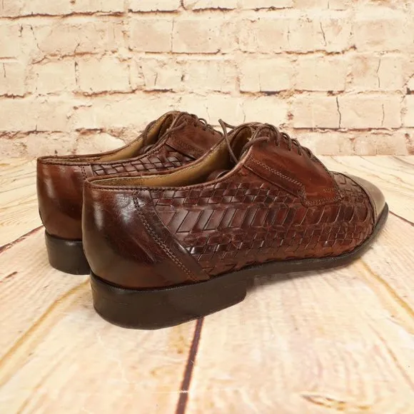 Johnston &amp; Murphy Woven Leather Brown Cap Toe Oxford Dress Shoes