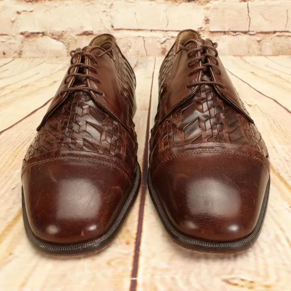 Johnston &amp; Murphy Woven Leather Brown Cap Toe Oxford Dress Shoes