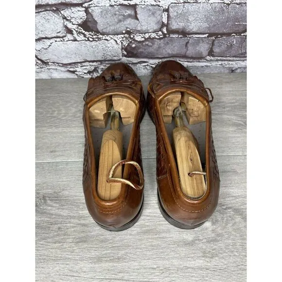 Johnston &amp; Murphy Brown Leather Woven Kiltie Tassel Loafers Shoes Men 12M US/45