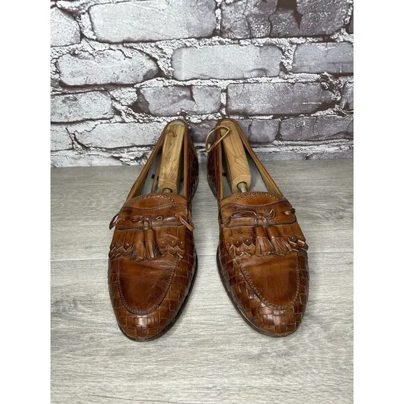 Johnston &amp; Murphy Brown Leather Woven Kiltie Tassel Loafers Shoes Men 12M US/45