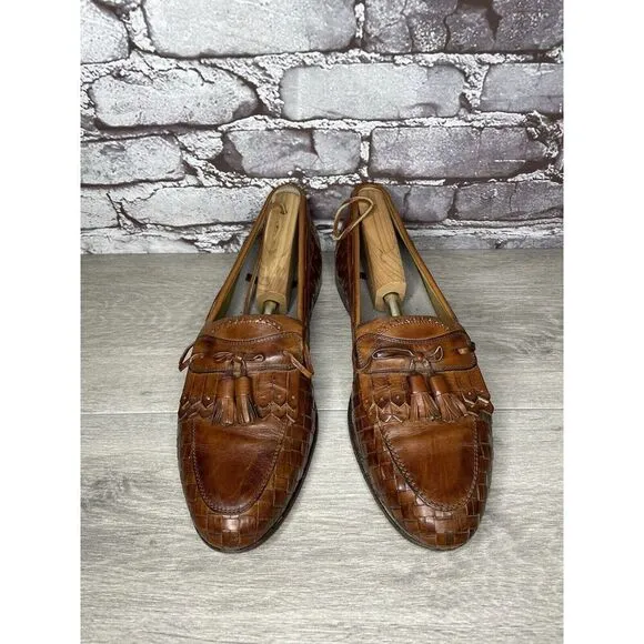 Johnston &amp; Murphy Brown Leather Woven Kiltie Tassel Loafers Shoes Men 12M US/45
