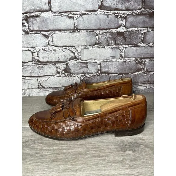 Johnston &amp; Murphy Brown Leather Woven Kiltie Tassel Loafers Shoes Men 12M US/45