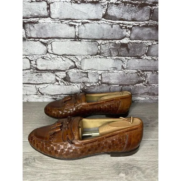 Johnston &amp; Murphy Brown Leather Woven Kiltie Tassel Loafers Shoes Men 12M US/45