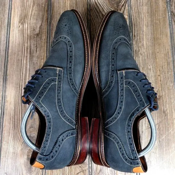 Johnston Murphy Warner Oiled Leather Wingtip Oxford Navy Gray Men Sz 10.5