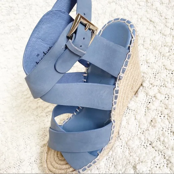 Joie Kaelyn Blue Leather Espadrille Wedge Sandals Shoes size 36