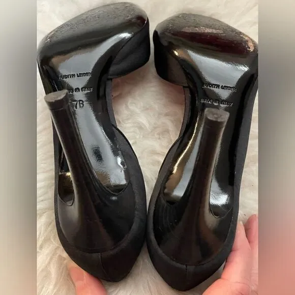 Judith Leiber black satin peep toe D’Orsay heels shoes 7B