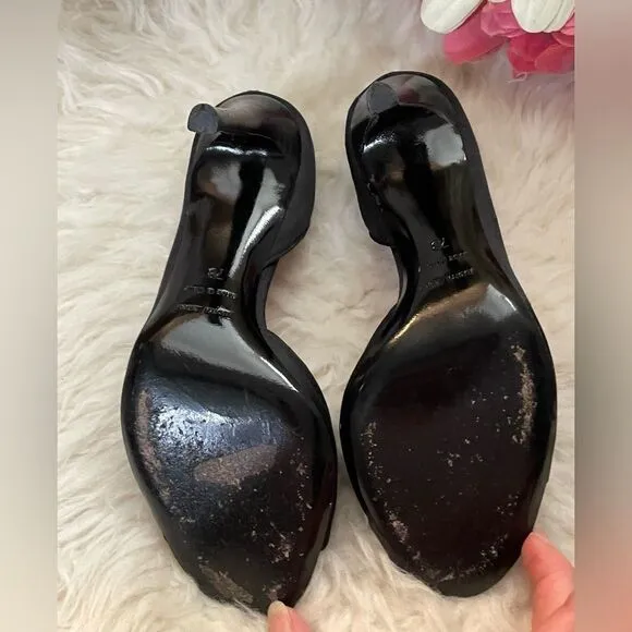 Judith Leiber black satin peep toe D’Orsay heels shoes 7B