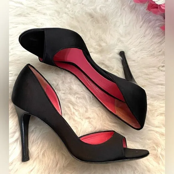 Judith Leiber black satin peep toe D’Orsay heels shoes 7B