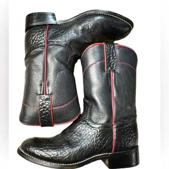 Justin Boots Boys Size 2 Black Exotic Leather Boots with Red Piping