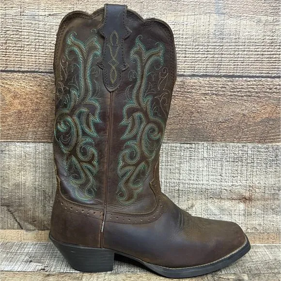 Justin Stampede Durant Western Cowboy Boots Square Toe Sorrel Brown Size 7