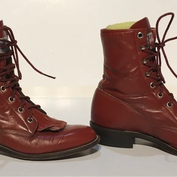 Justin USA Red Leather Lace Fringe Kiltie Roper western Cowgirl Boots Size 6B