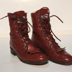 Justin USA Red Leather Lace Fringe Kiltie Roper western Cowgirl Boots Size 6B