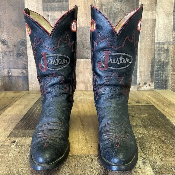 Justin Y1970 Vintage Logo Cowhide Western Cowboy Boots Mens 10.5 B
