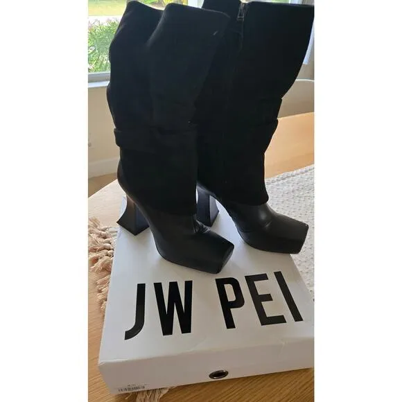JW PEI Women's Reyna Square Toe Platform Knit Boots - Black NIB sz 6