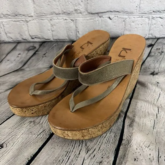 K Jacques St Tropez Platform Wedge Leather Sandals Womens Size 38 US 6.5 - 7