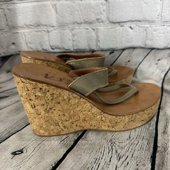 K Jacques St Tropez Platform Wedge Leather Sandals Womens Size 38 US 6.5 - 7