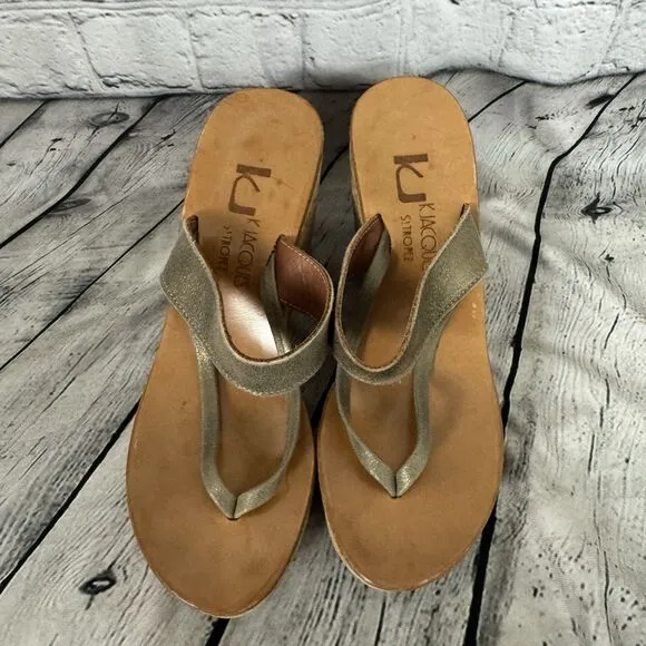 K Jacques St Tropez Platform Wedge Leather Sandals Womens Size 38 US 6.5 - 7