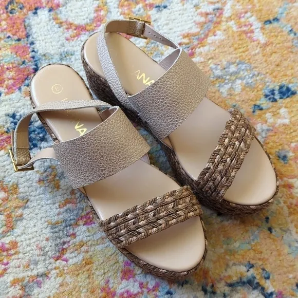 Kaanas Montpellier Leather Open Toe Sling Back Braided Espadrille Wedge Sandal 8